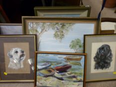 Two dog portrait paintings and a quantity of other paintings and prints