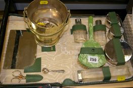 Vintage cased dressing table kit, white metal ice bucket and miscellaneous flatware