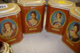 Four Rowntrees cocoa tins depicting Queen Elizabeth I, Queen Victoria and Queen Mary II