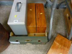 Vintage metal filing box and three wooden boxes
