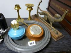 Two pewter plates, brass candlesticks etc