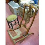 Edwardian inlaid steamer type folding chair and a vintage bar stool with bobbin decoration