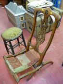 Edwardian inlaid steamer type folding chair and a vintage bar stool with bobbin decoration