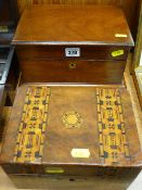 Wooden jewellery box with upholstered interior and another wooden box with marquetry inlay