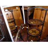 Vintage three tier cakestand with decorative inlay type trays, a two tier side table, a gilt metal