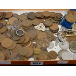 Parcel of bronze coinage, small parcel of silver, badges, medals etc