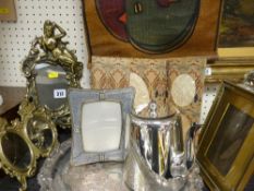 Electroplate tray, teapot, good portrait frames including one titled 'Liberty' etc