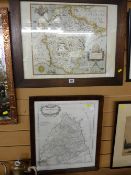 Framed Saxton's map of Denbighshire and another map of Northumberland