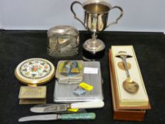 Parcel of collectables including cigarette case, trophy, compact etc