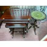 Modern set of three mahogany effect side tables and a leather topped wine table