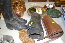 Two pairs of horse riding leather gaiters and a pair of vintage boots