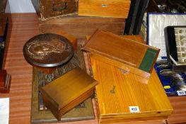 Mixed parcel of treen ware including musical box, other boxes etc