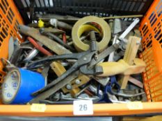 Plastic tub of garage hand tools, wrenches, spanners etc