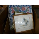 Box of mirrors, prints, tapestries etc