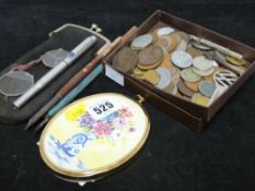 Parcel of mixed coinage, fountain pens etc