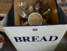 Enamel bread bin and a small parcel of miscellaneous flatware