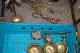 Crate of brass fire irons and other brass and similar items