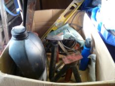 Box of garage items, axle stands, spirit level, hand saws, drill etc E/T