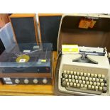 Small Alba turntable, speakers and a Triumph Gabriel II vintage cased typewriter