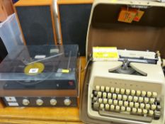 Small Alba turntable, speakers and a Triumph Gabriel II vintage cased typewriter