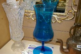Heavy glass vase, another art glass vase and two spirit bottle labels