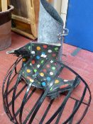 Metal wall hanging basket, galvanized coal scuttle and a pair of spotty wellies