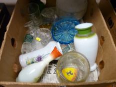 Box of miscellaneous glassware including a 'Wills Gold Flake' ashtray, an etched glass lamp shade