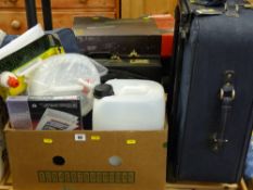 Box with Allender attache case, various other water carrying implements and a small suitcase