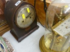 Mantel clock with silvered dial and a Kundo clock under a glass dome