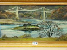 GILL MICKLE oil on board - Menai Suspension Bridge