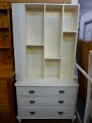 Vintage painted chest of three drawers and a painted multi-shelf bookcase