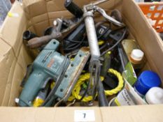 Box of hand tools, Black & Decker drill and a Bosch sander E/T