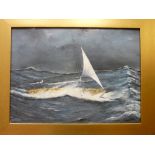 Oil on board - yacht in high seas, unsigned