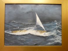 Oil on board - yacht in high seas, unsigned