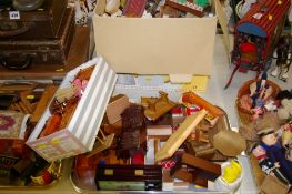 Two boxes and three trays with large quantity of doll's house furniture and similar items