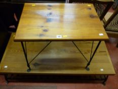 Modern pine and iron work side table and a similarly styled coffee table with under tier slatted