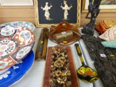 Parcel of mainly treen including gilt panel, brass decorated box, carving set etc