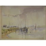 WILFRED SUTTON watercolour - Norfolk Broads scene with boats and figures