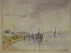 WILFRED SUTTON watercolour - Norfolk Broads scene with boats and figures
