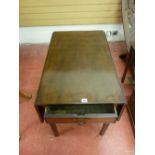 AN ANTIQUE MAHOGANY TWIN FLAP TABLE with single end drawer on square supports, 70.5 cms high, 83.5