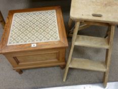 A VICTORIAN PITCH PINE COMMODE with string inlay top and turned supports along with a set of vintage