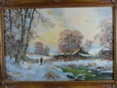 JOHN CORCORAN oil on canvas - cottage scene under snow by a pond with figure by a gate, signed, 49 x