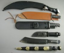 SIX REPLICA COMBAT DISPLAY KNIVES, various patterns and styles, all sheathed bar one, 65 cms long