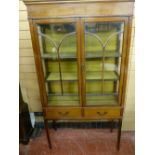 AN EDWARDIAN TWO DOOR MAHOGANY & CROSSBANDED DISPLAY CABINET, twin glazed with moulded detail with