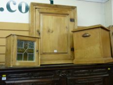 THREE PIECES OF VINTAGE STRIPPED PINE comprising a single door wall cupboard with interior