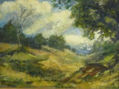 EARLY 20th CENTURY ENGLISH SCHOOL oil on board - woodland glade with two figures in a boat in the