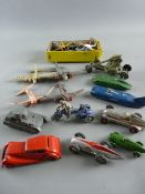 DINKY DIECAST & OTHER COMPOSITION MODEL VEHICLES, PLANES & FIGURES in a lidded wooden box, including