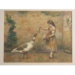 ANTONIO PAOLETTI DI GIOVANNI, VENEZIA watercolour - study of a young girl feeding a goose within a