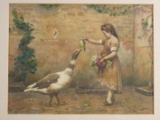 ANTONIO PAOLETTI DI GIOVANNI, VENEZIA watercolour - study of a young girl feeding a goose within a