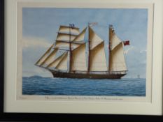 A COLOURED PRINT - titled 'Threemasted Schooner, David Morris of Porthmadog, John O Morris, Master